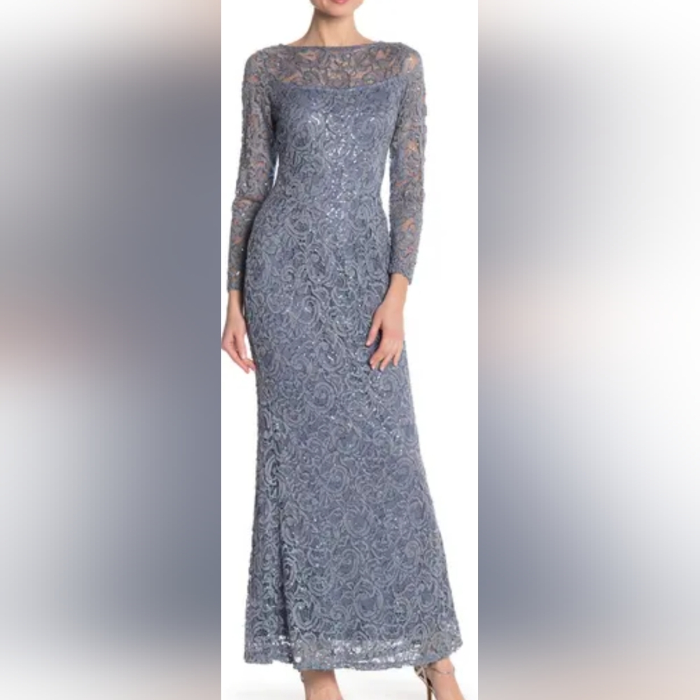MARINA Blue Sequin Scoop Neck Gown